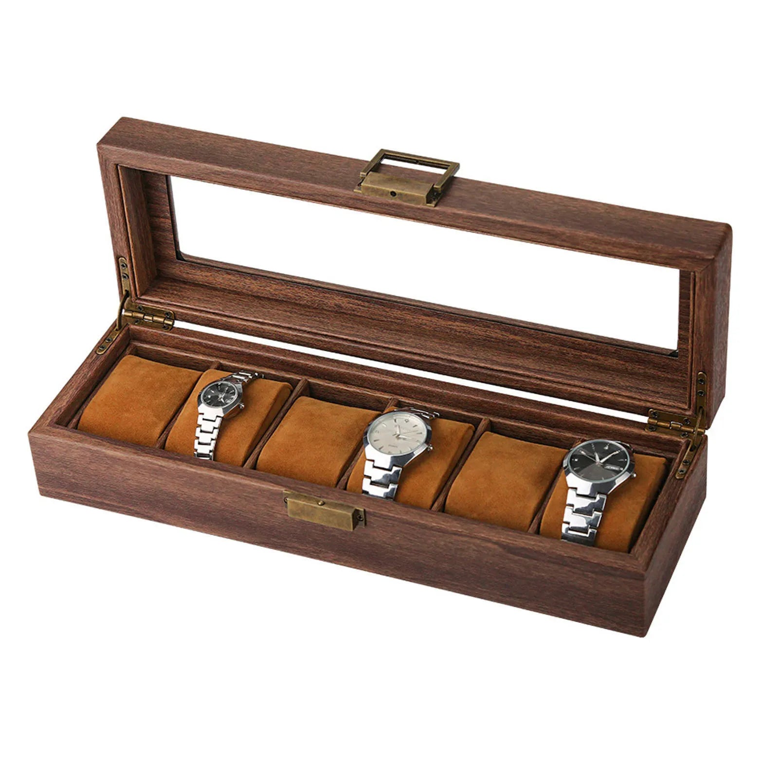 6 Slot Watch Storage Display Box Wood Grain PU Leather Lockable Wristwatch Protective Box Watch Protective Box Watch Display Box Qme