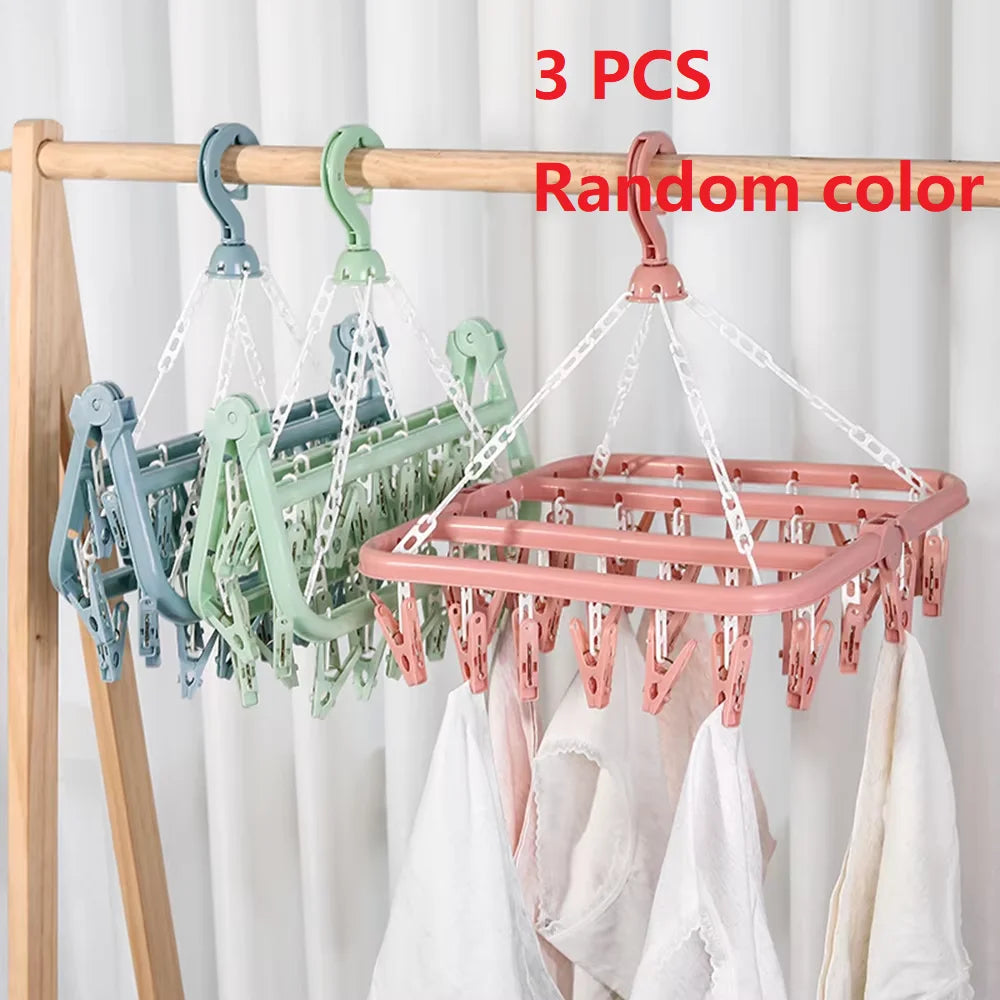 Folding Hangers Multi-Functional Windproof Socks Clip Drying Hangers Household Plastic Clothing Socks Drying Hangers Qme 3PCS Random