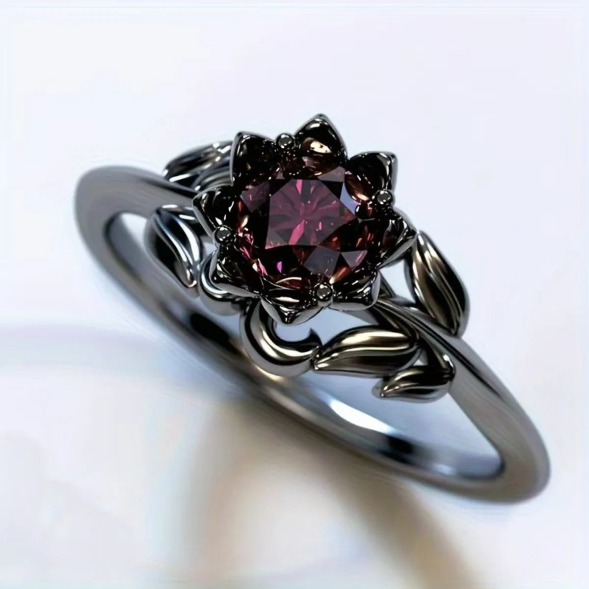 Simple New Fashion Originality Border New Jewelry Ladies Flower Ring Electroplating Gun Black Hand-inlaid Ring Popular Gift Qme