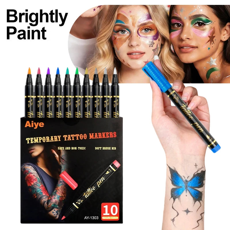 10 Colors Temporary Tattoo Markers Safe Non-toxic Body Paint Art Pen Qme
