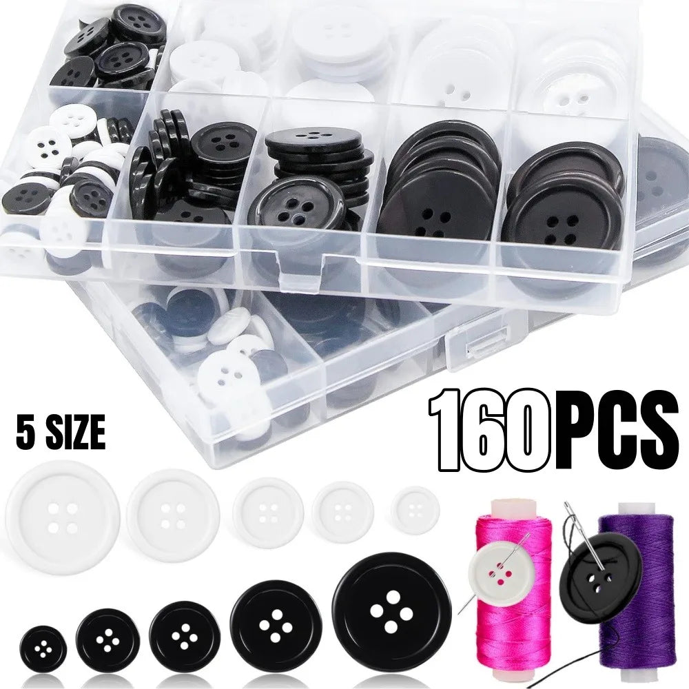 160PCS Round Resin Sewing Button 4 Holes Craft DIY Garment Sewing Button Mixed 5 Sizes Black and White Button Sewing Accessories Qme