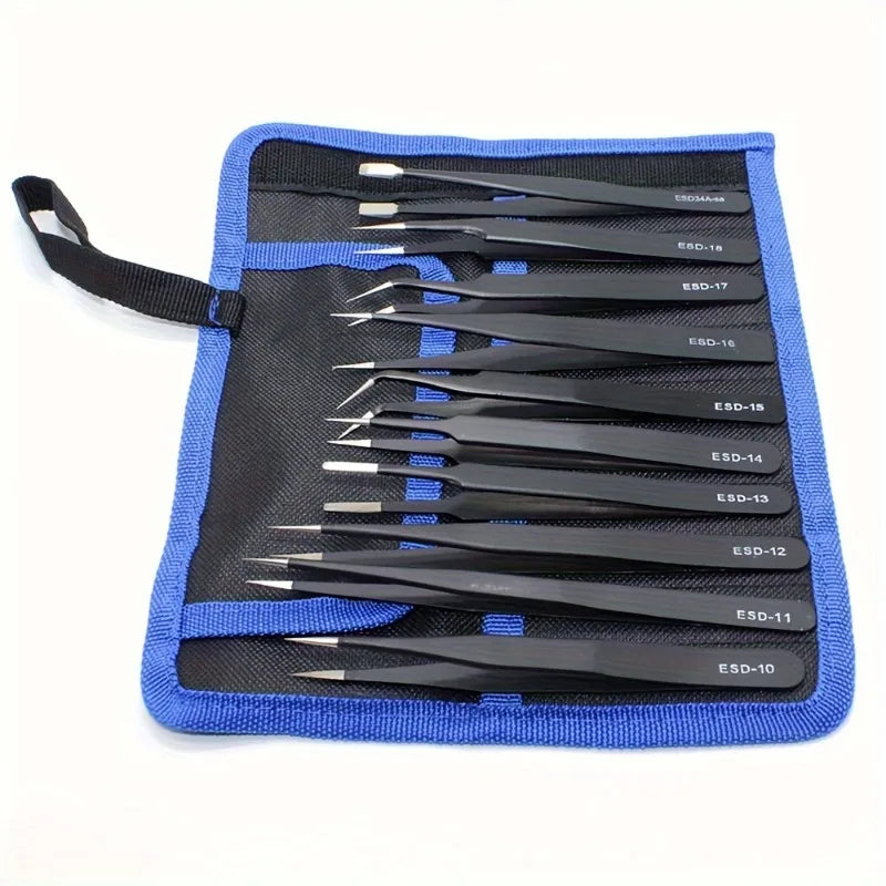Canvas Bag Leather Cover Stainless Steel Black Tweezers Anti-static Qme
