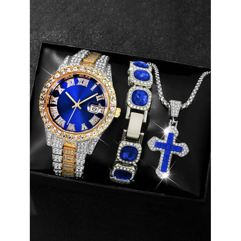 Men's Full Diamond Two-tone Watch and Jewelry Combo Set, Iced Out Green Stone Bracelet + Cross Pendant + Watch, Perfect Gift Qme Multicolor
