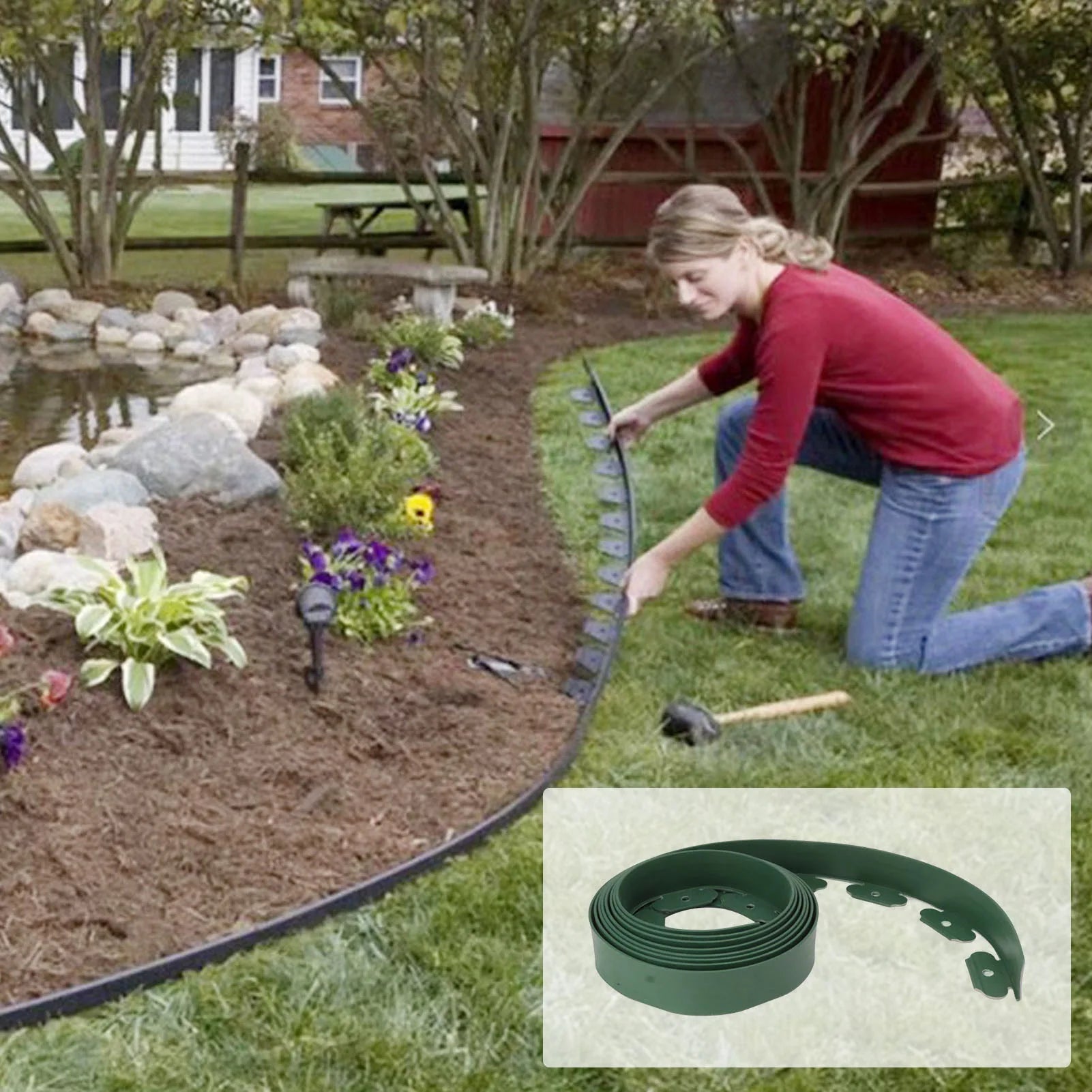 Landscape Edging Kit PE Lawn Edging Border with 15 Spikes Flexible Garden Border for Flower Beds Lawn Landscaping Qme