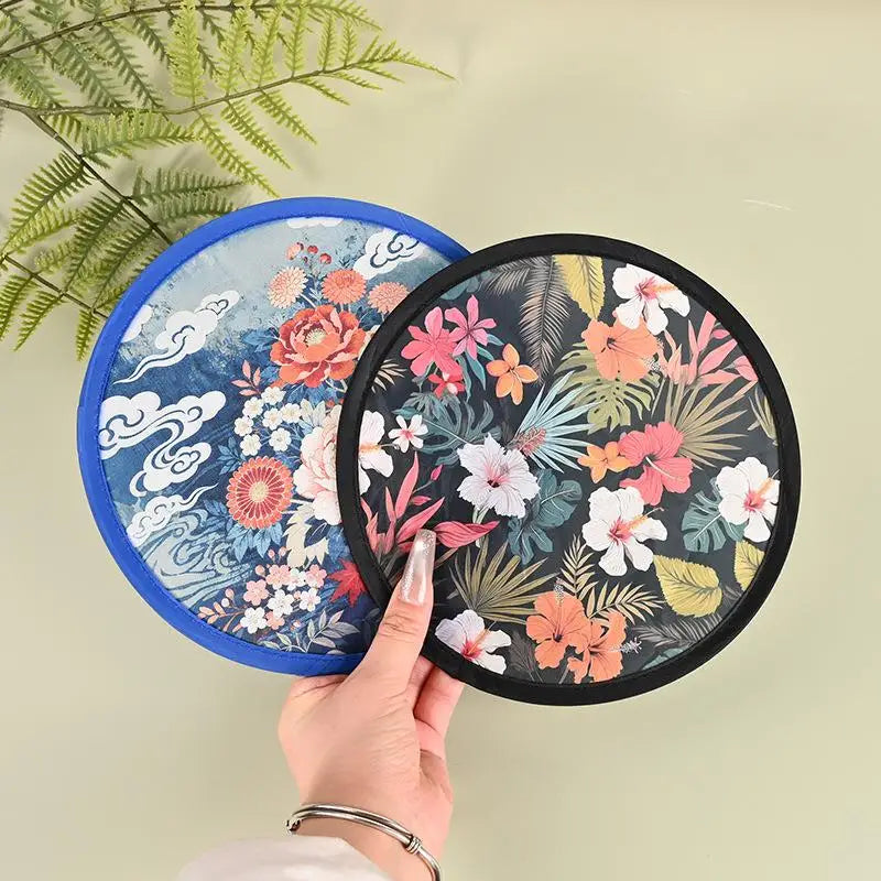 Mini Japanese Folding Fan Flower Pattern Pocket Collapsible Round Qme