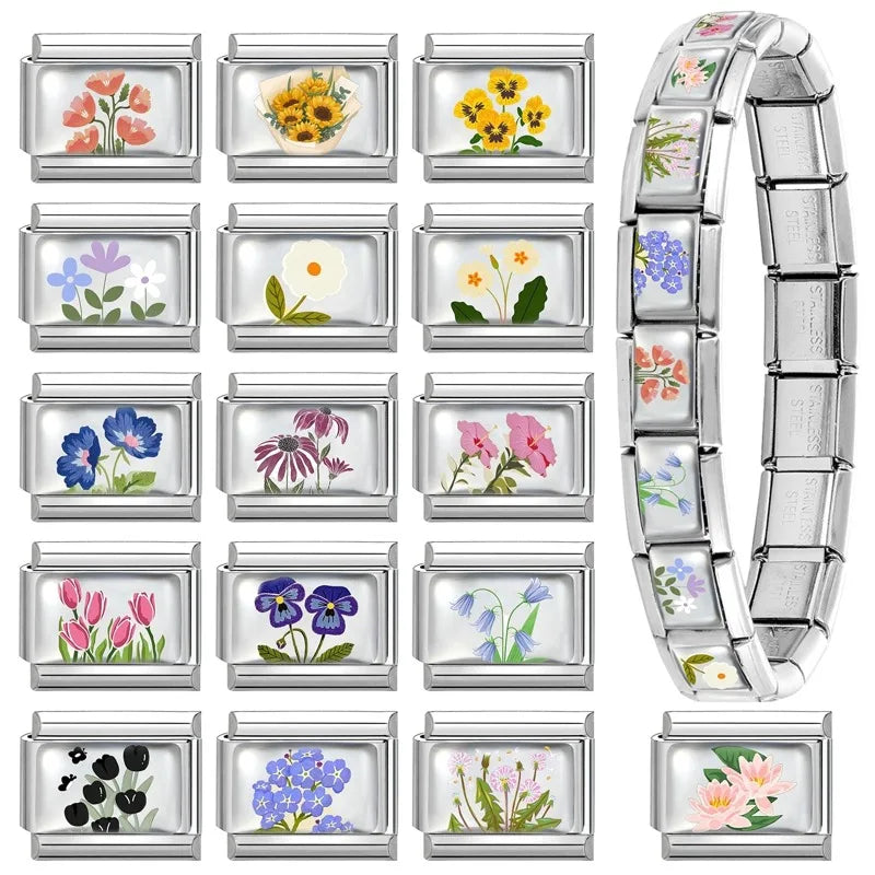 Colorful Brilliant Flowers Sunflower Lotus Tulip Charm Italian Link Fit 9mm Stainless Steel Bangles DIY Making Jewelry Bracelets Qme