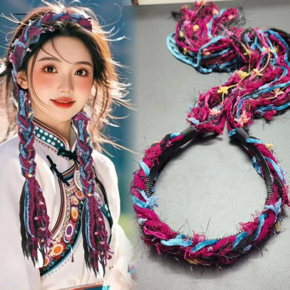 Boho Style Chinese Tibetan Hairband Colorful Ribbon Long Tassel Braid Hairband Candy Colored Weaving Ethnic Hair Hoop Qme