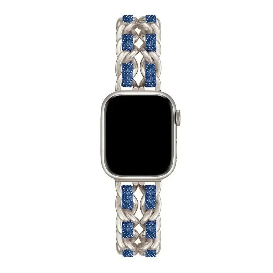 Luxury Metal Denim Strap For Apple Watch Band Ultra 2 1 49mm 41 45mm 38 42mm 44 40mm Bracelet For iWatch 9 8 7 SE 6 5 4 3 Women Qme Starlight-LU 42mm 44mm 45mm 49mm