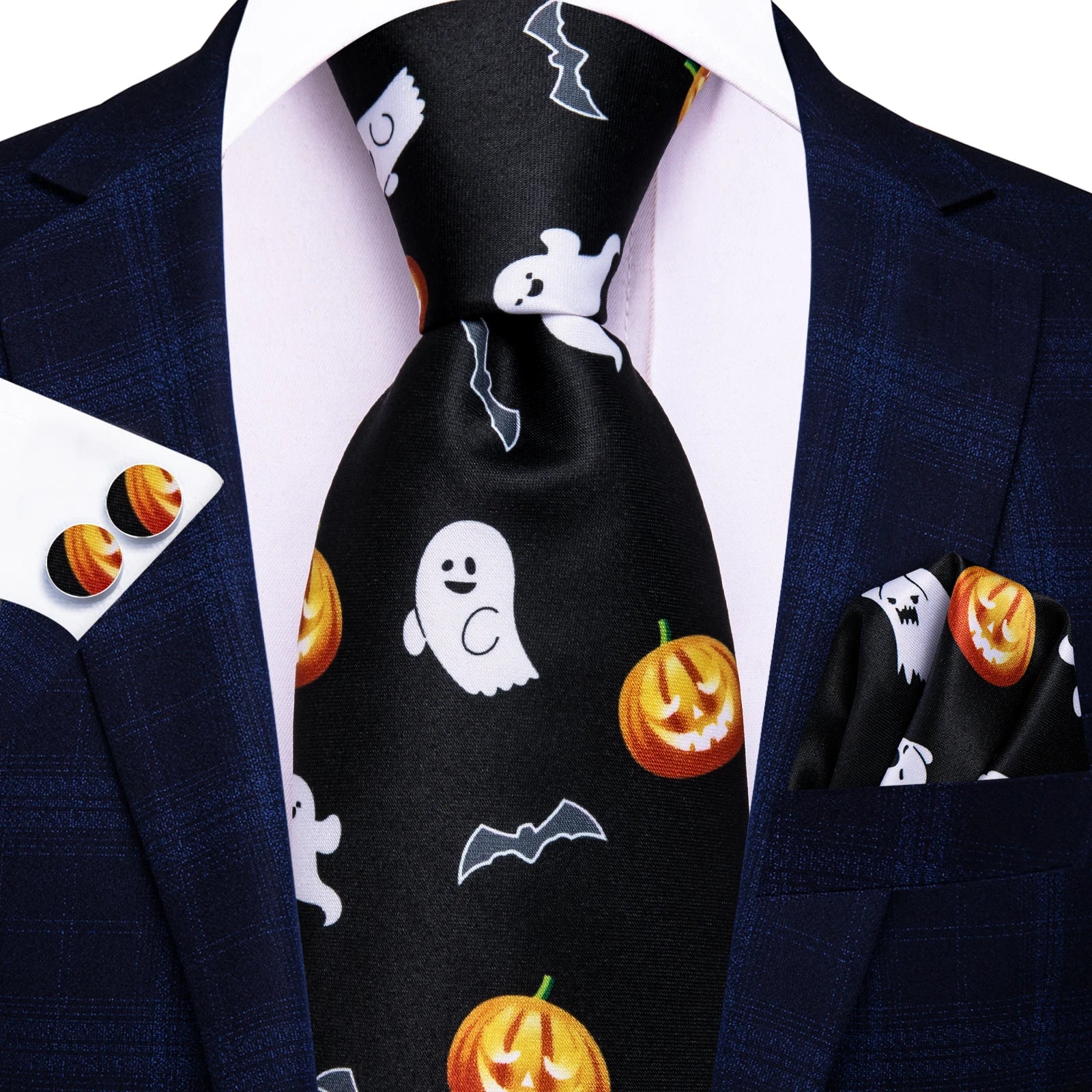 Hi-Tie Festival Xmas tie 8.5cm Men's Handkerchief Cufflinks Set Designer Halloween Cartoon Party Accessories Gift for Men Qme HT-N-0025