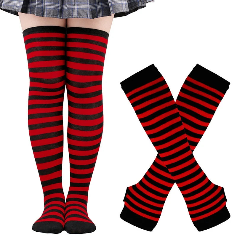 Women Girls Over Knee Long Stripe Thigh Cotton Gothic Lolita Socks Qme black red One Size