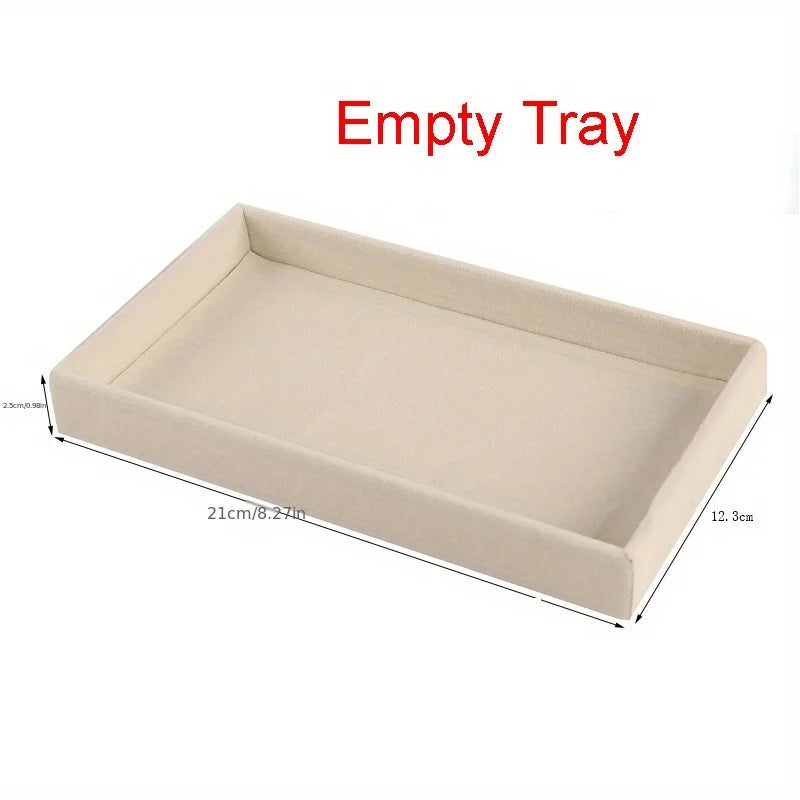 Stackable Velvet Jewelry Organizer Box - Distressed White, Rectangular Desktop Display Case for Rings, Earrings, Qme Empty Tray