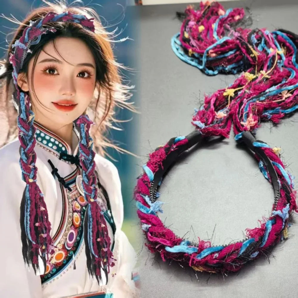 Boho Style Chinese Tibetan Hairband Colorful Ribbon Long Tassel Braid Hairband Candy Colored Weaving Ethnic Hair Hoop Qme Red-Blue