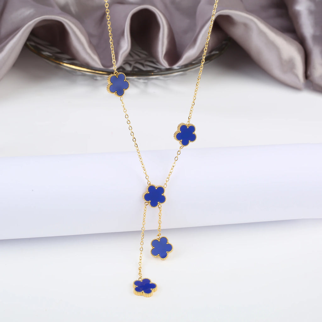 Classic Stainless Steel Five Leaf Flower Set Bracelet Necklace Earrings Luxury for Woman Party Daily Wear Jewelry Free Shipping Qme Blue Necklace