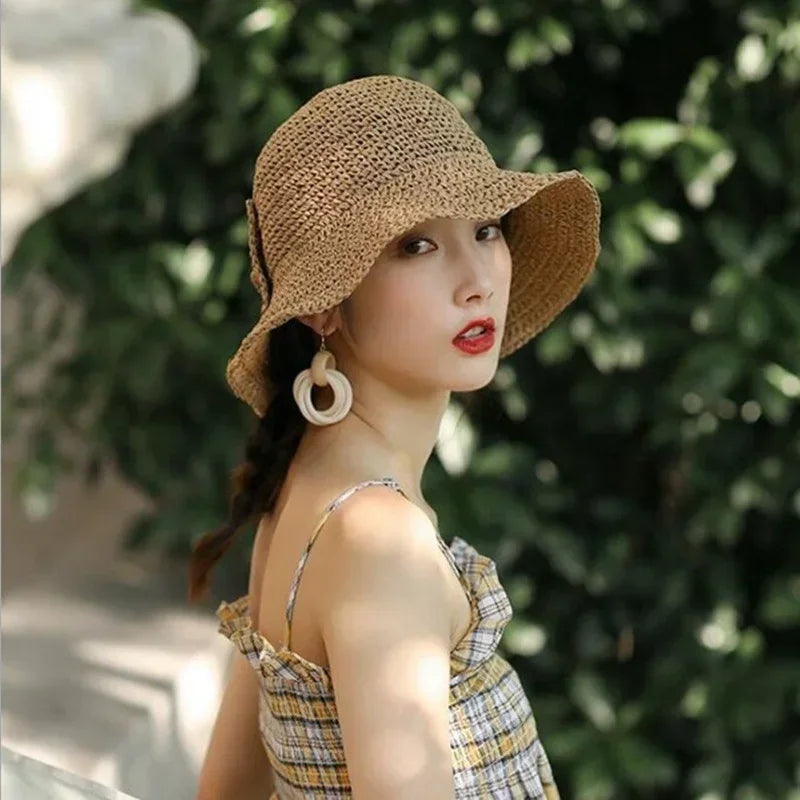 Summer Wide Brim Straw Hat Foldable Fisherman Sun Protection Girls Qme
