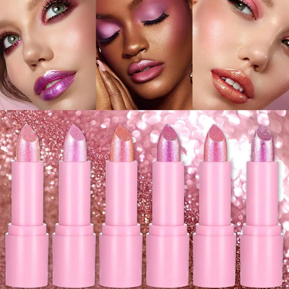 Metallic Pink Glitter Lipstick Long Lasting Shine Diamond Nude Qme