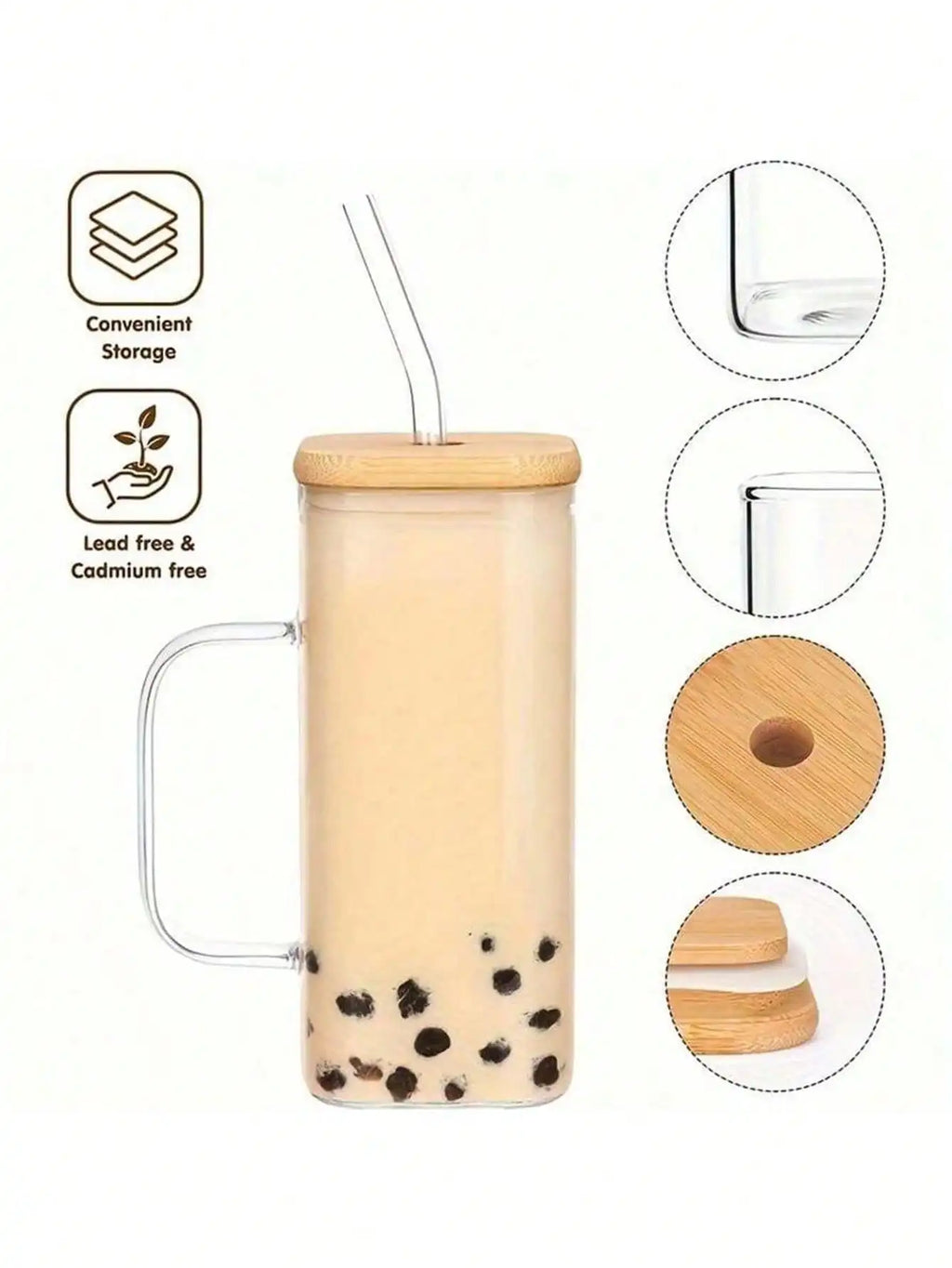 Bamboo Covered Straw Square Glass Cup Transparent Water Handle Iced Qme