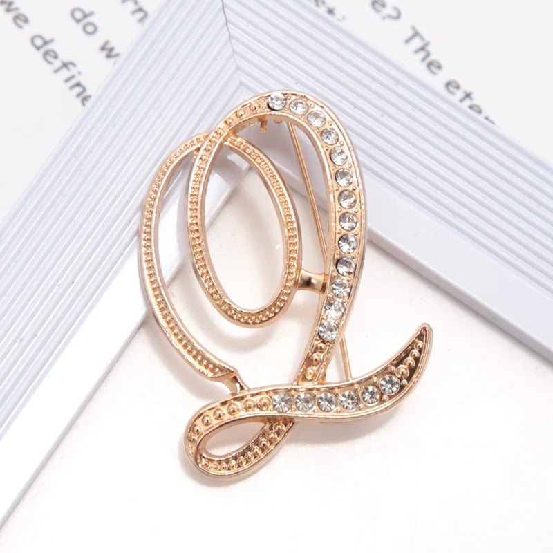 Women Luxury Letter Brooch Pins Gold Rhinestones Crystal English