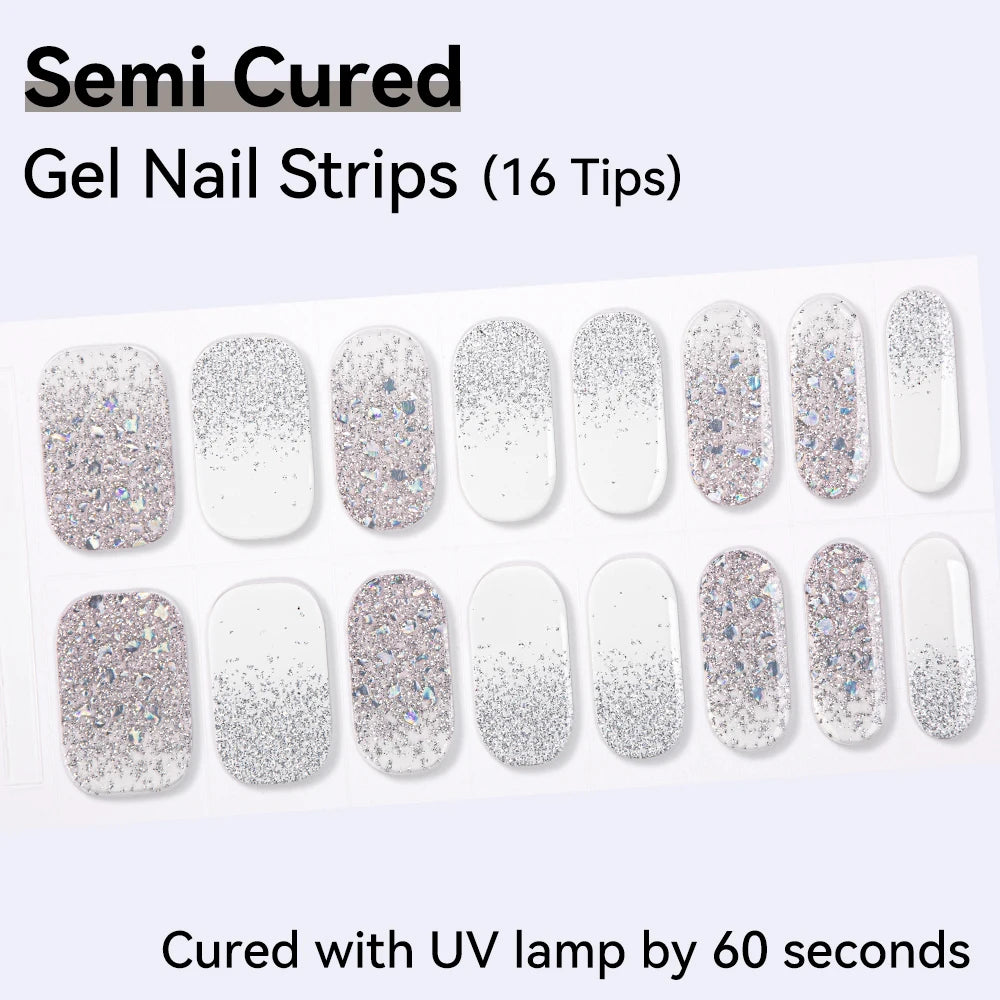 16Tips Gradient Starry Sky Glitter Semi Cured Nail Polish Decal Qme NF240221
