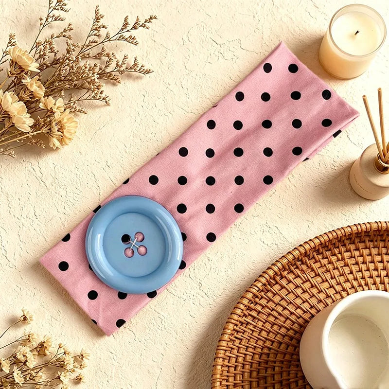 2026 Y2K Big Button Elastic Headband Sweet Cute Polka Dot Wide Yoga Hairband Dopamine Colorful Hair Accessories for Women Girls Qme Black Red