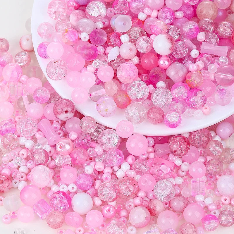 50g Assorted Glass Beads for Jewelry Making 2-10mm Colorful Crystal Beads for Bracelets Earrings Necklaces Crafts Making DIY Art Qme Pink