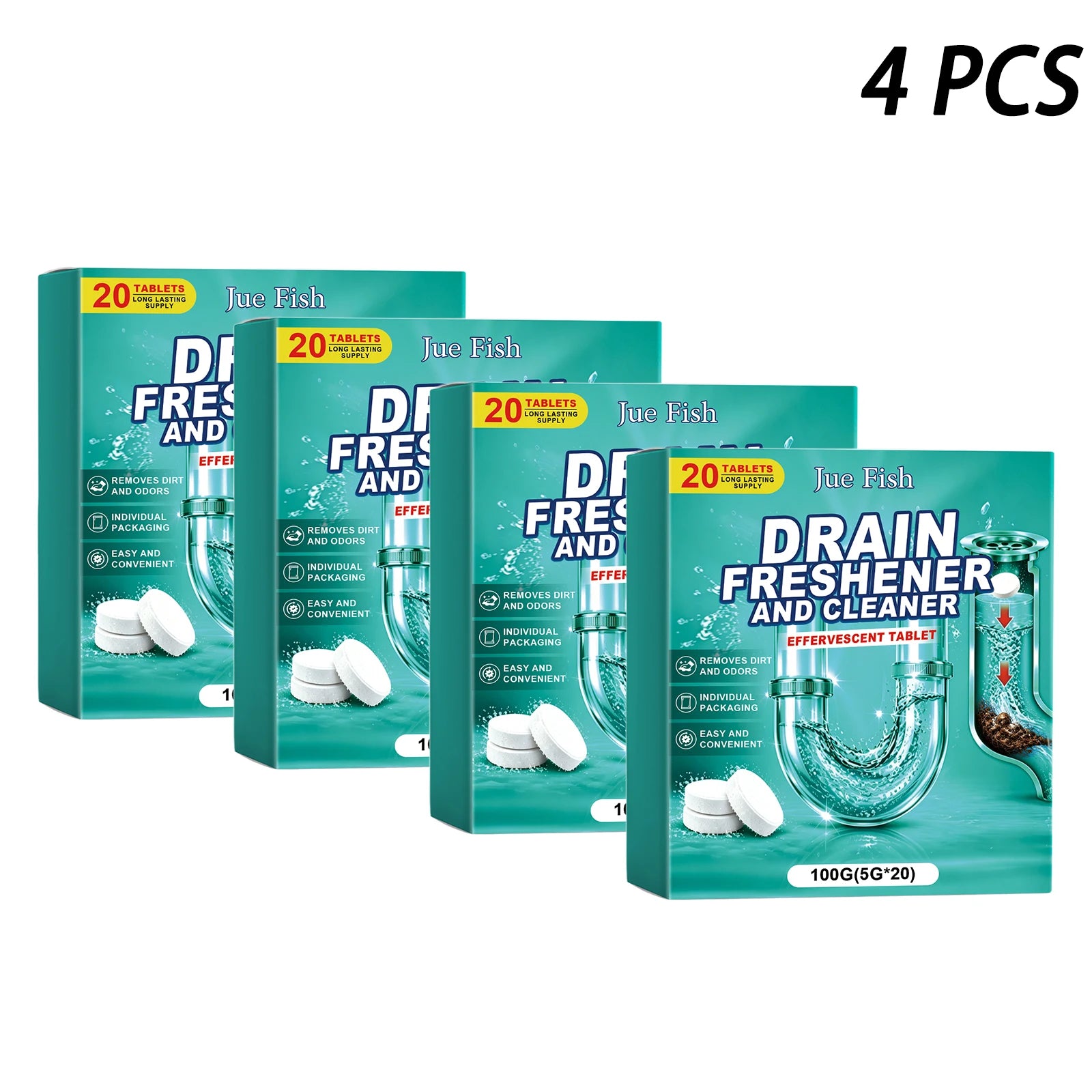 Sink Drain Cleaning Tablets Dissolving Grease & Food Residue Prevent Pipe Blockage Long-Lasting Fresh Fragrance Pipe Maintenance Qme 4 x 100g Boxed