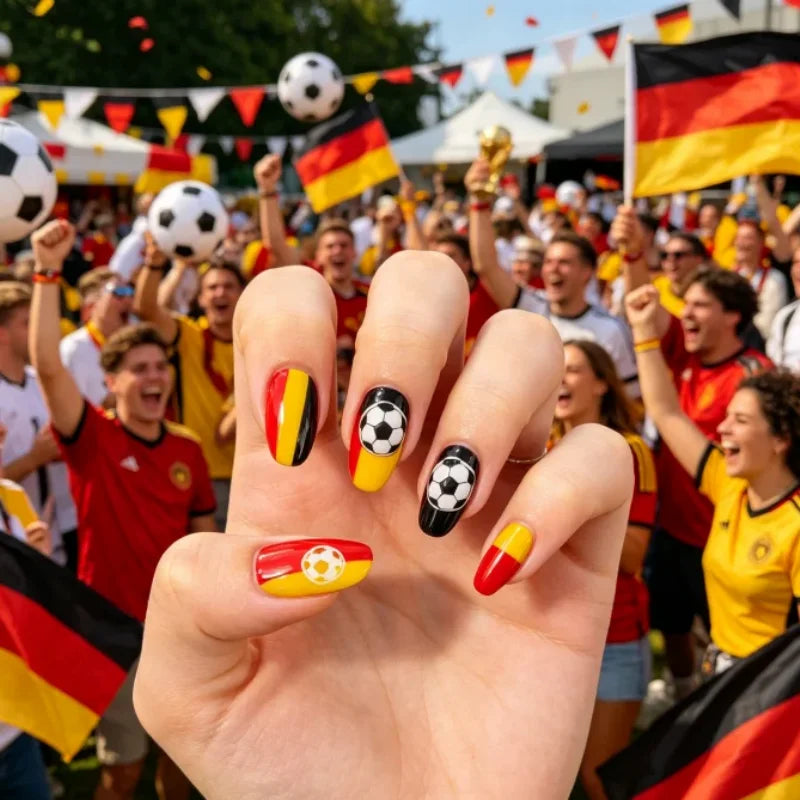 Germany Press On Nails Football Theme Fake Nails Waterproof Full Cover Nail Tips For Fans Qme