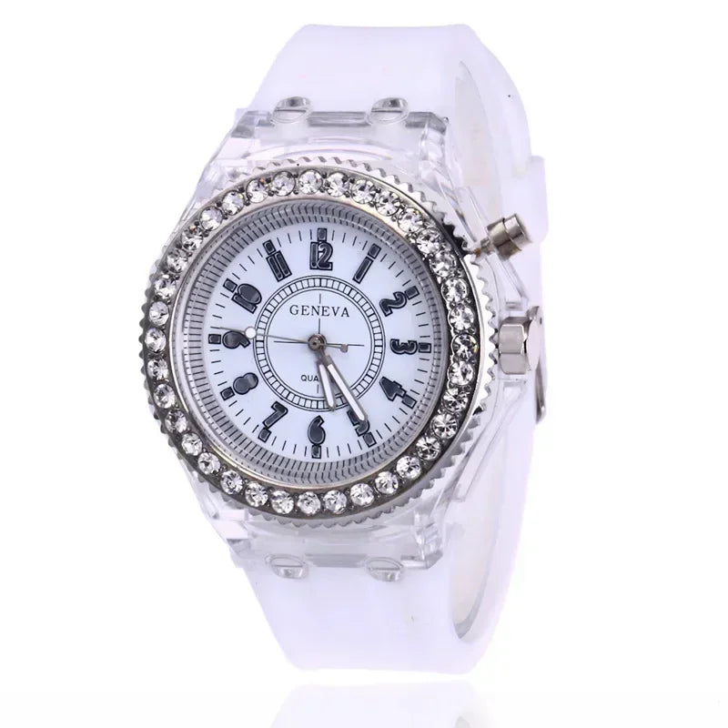 Luminous Round Digital Watches Solid Color Inlaid Rhinestone Sports Watch Couple Waterproof Wrist Watch Qme
