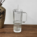 600ML Stripe Glass Coffee Cup With Handle And Lid Cover Straw Transparent Drinking Glasses For Juice Iced Coffee Mugs Drinkware Qme Glass Cup 600ml