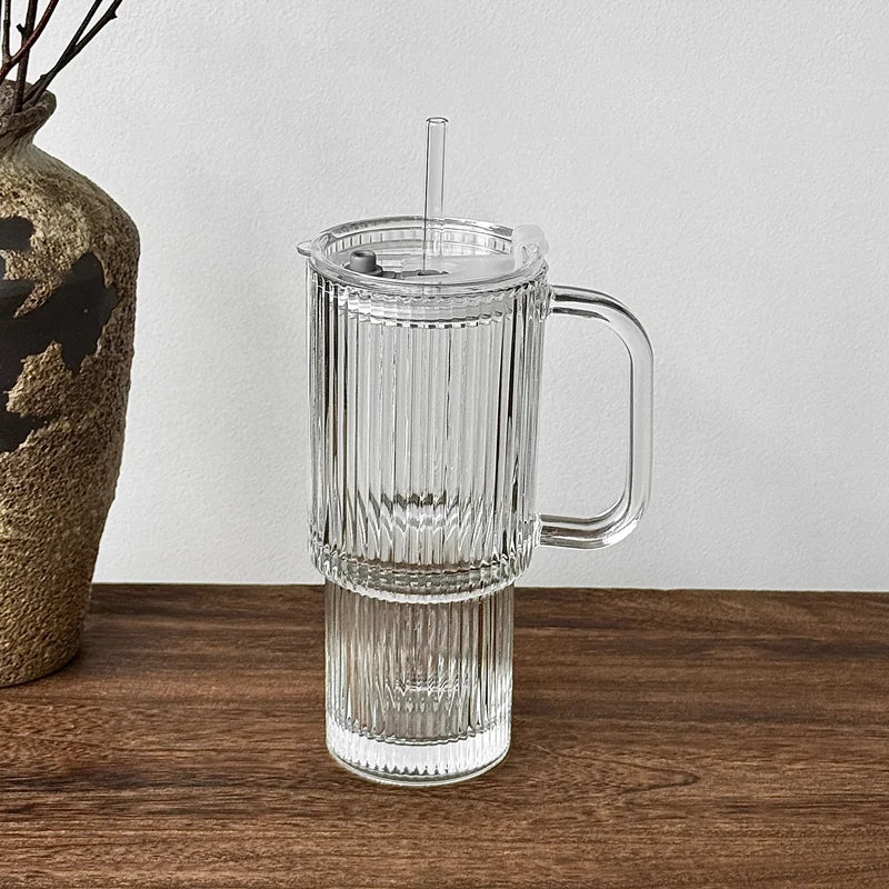 600ML Stripe Glass Coffee Cup With Handle And Lid Cover Straw Transparent Drinking Glasses For Juice Iced Coffee Mugs Drinkware Qme Glass Cup 600ml