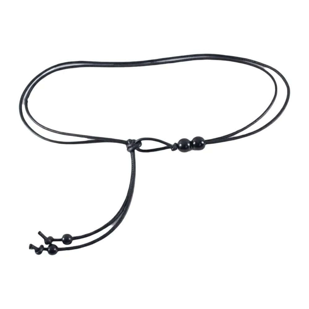 Retro Slim Rope Waist Chain Adjustable Bead Leather Waistband Chinese Qme Black