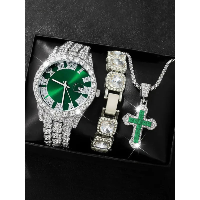 18 styles of hip-hop diamond studded quartz watches, sugar bracelets, cross necklaces, men's large dial set Qme PURPLE