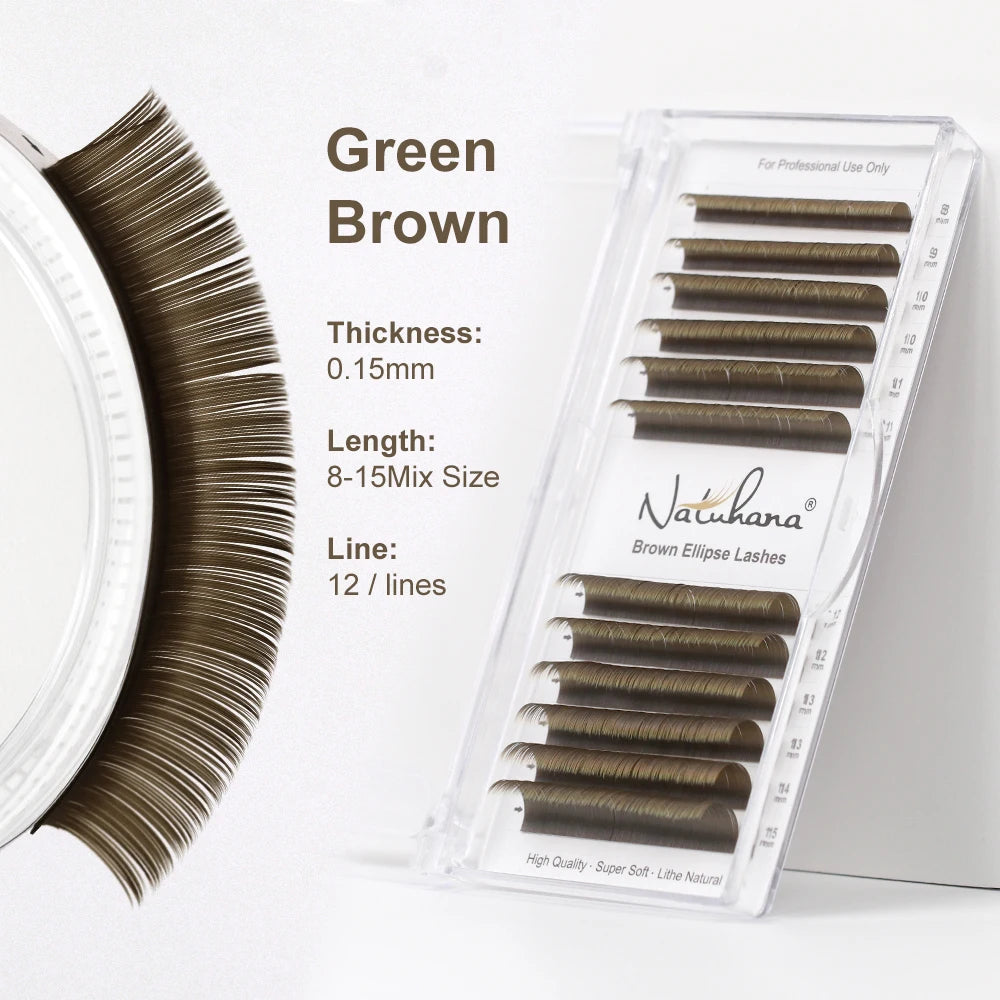 NATUHANA Brown Ellipse Flat Eyelashes Extensions Matte Faux Lashes Qme Green Brown L 0.15MM|Mix 8-15mm