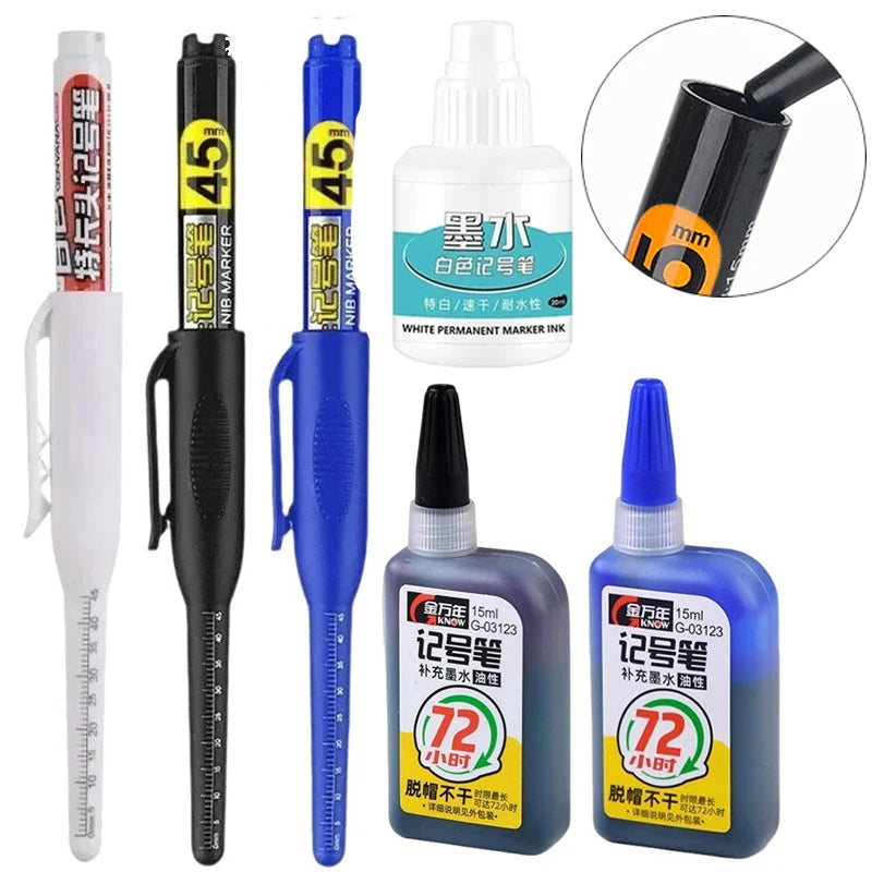 1-40Pcs 45mm Waterproof Deep Hole Marker Pens Long Nib Head Carpenter Pen Black White Ink for Multi-Purpose Woodworking Tools Qme