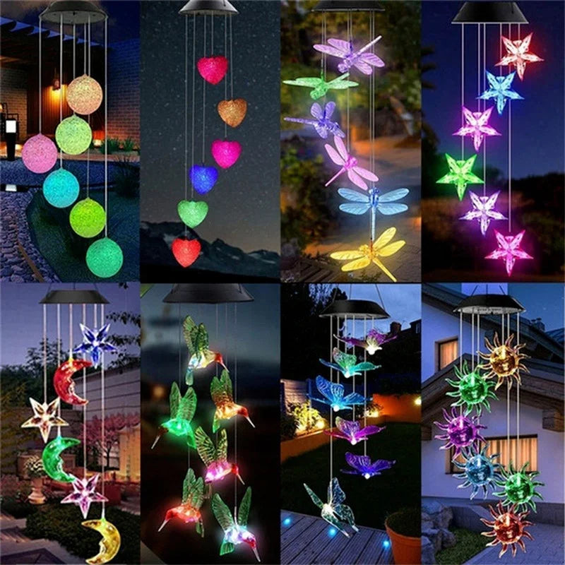LED Solar Wind Chime Crystal Ball Hummingbird Light Changing Qme