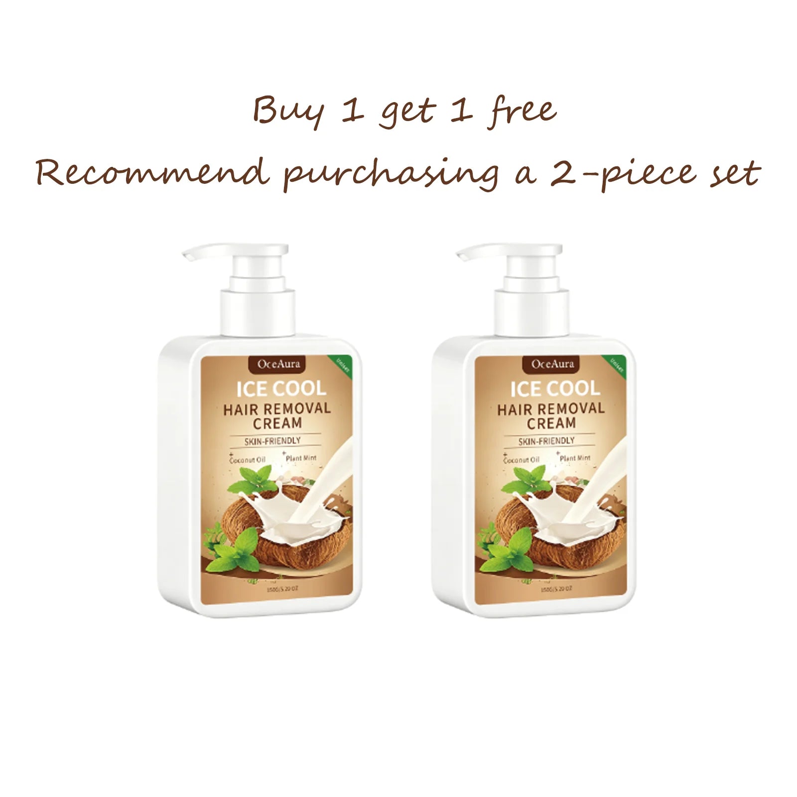 OceAura Ice Cool Hair Removal Cream for Face Coconut Mint Infused Gentle Smooth Residue Free Depilatory Cream for All Skin Types Qme 150g x2