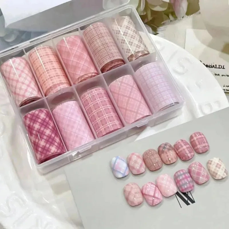 10pcs Nail Art Foil Transfer Paper Pink Grid Pattern Nail Stamping Stickers Sweety Cowboy Style Manicure Decals for DIY Nail Qme
