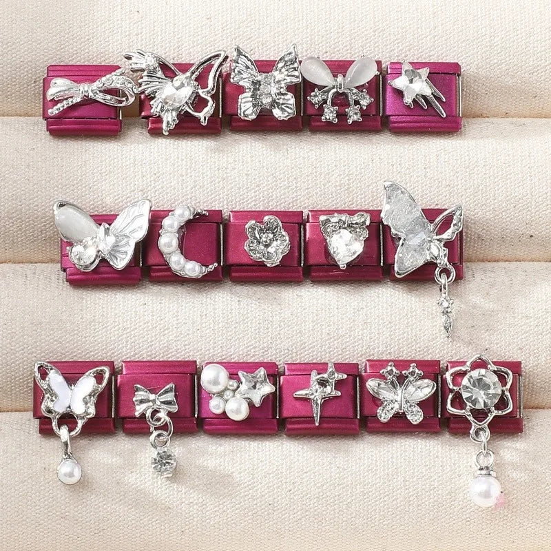 Y2K Rose Color Series Zircon Flower Butterfly Italian Charm Links Fit 9mm Stainless Steel Bracelet Women Jewelry DIY Making Gift Qme