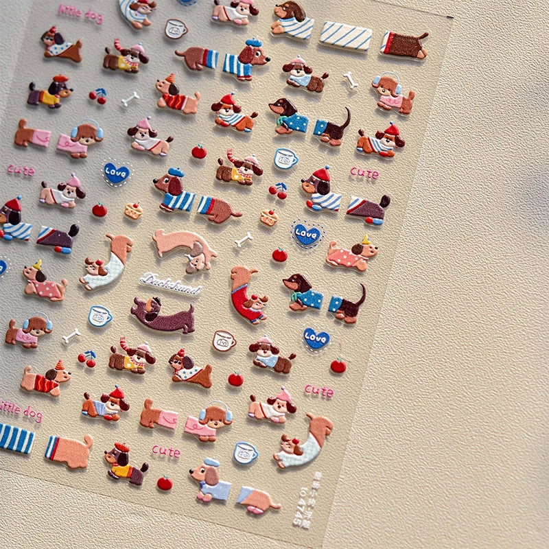 Lovely Sausage Dog Nail Art Stickers Gifts Self Adhesive Cartoon Qme