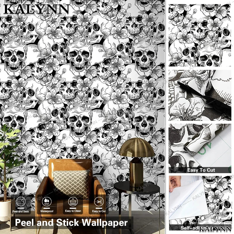 Halloween Peel Stick Wallpaper Sugar Skull Floral Bedroom Black White Qme