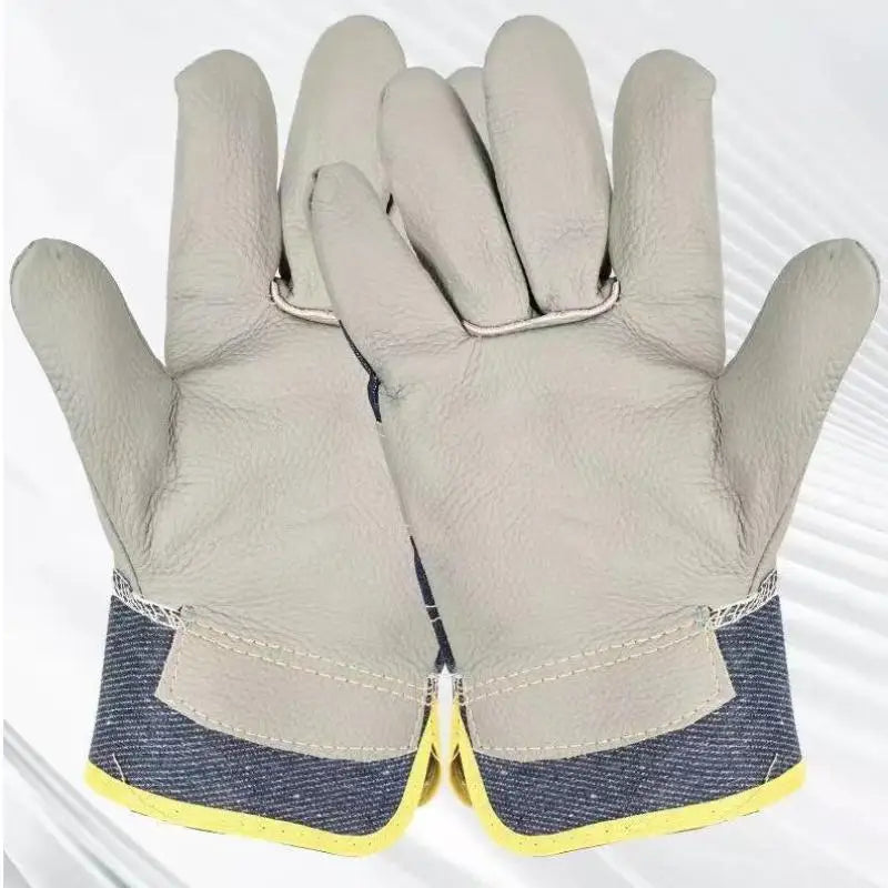 1 Pair Cowhide Denim Gloves Thickened Protective Work Carpentry Qme