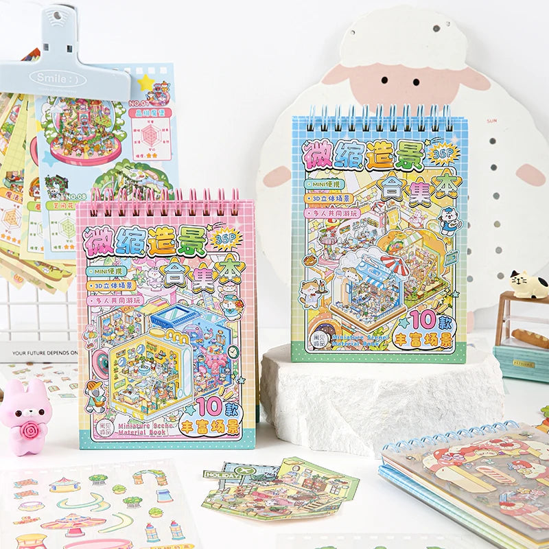 35 Pcs Scene Cartoon Diy 3D Landscape Sticker Book Cabin Scene Pocket Sticker Festival Birthday Gift to Student Kid Child Qme