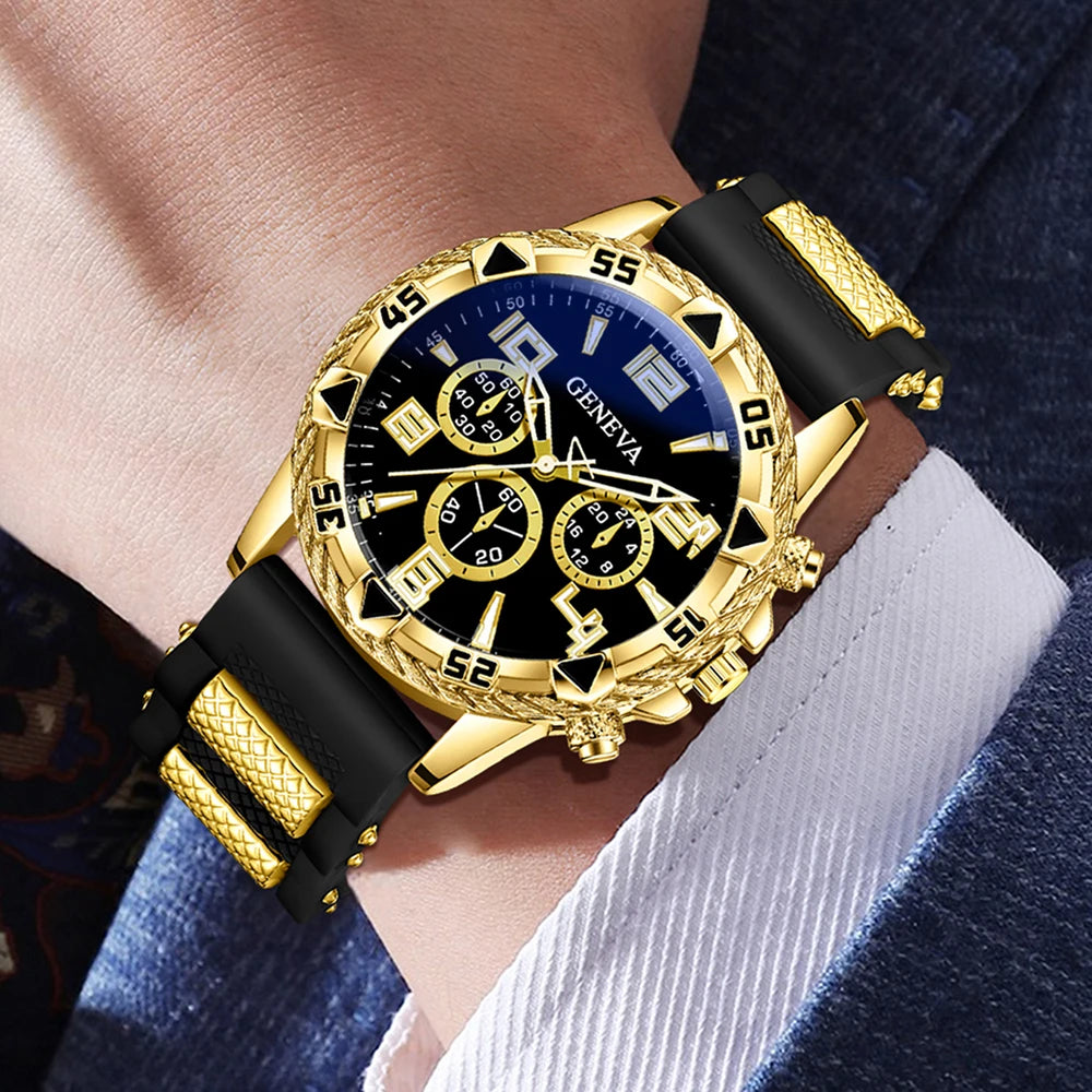 Geneva Black Gold Tape Three Eye Men's Sports Watch Cuban Bracelet Cross Necklace Fried Dough Twists Ring Set of Four Qme