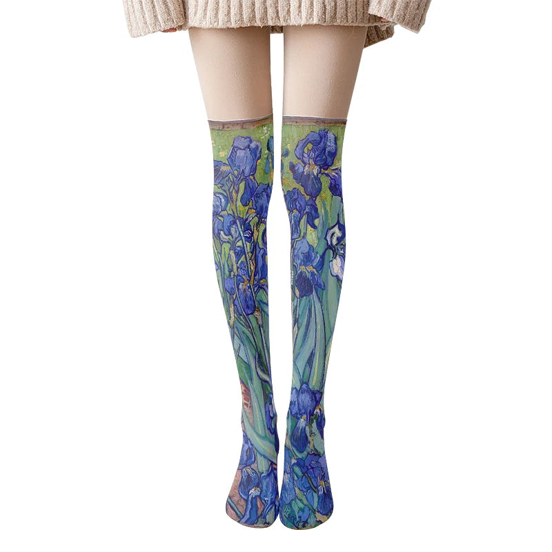 Van Gogh Retro Oil Painting Thigh Stockings Starry Sky Sunflower Qme style4 One Size