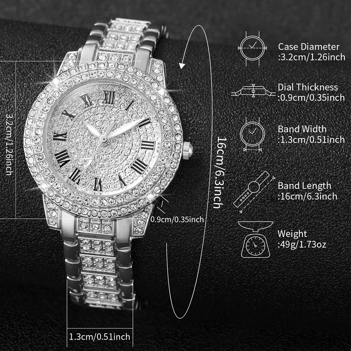 Full diamond silver shell Roman dial women's steel strap watch square rhinestone jewelry five piece set, not including gift box Qme