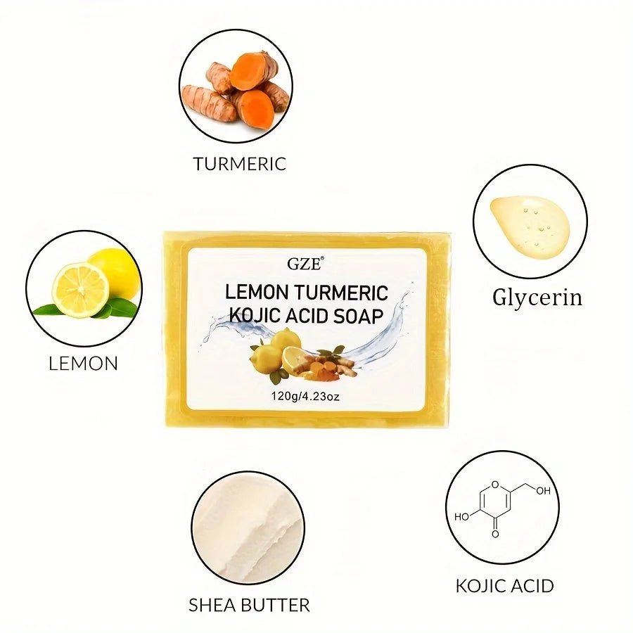 GZE Body Restore Lemon Turmeric Kojic Acid Soap, with Shea Butter, For Face Dark Spots, Body, Rejuvenating, Exfoliating Qme