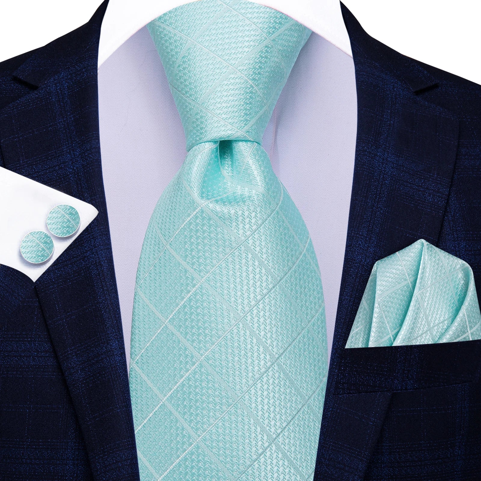 Hi-tie Fashion Blue Plaid Dots Men's Elegant Tie Handkerchief