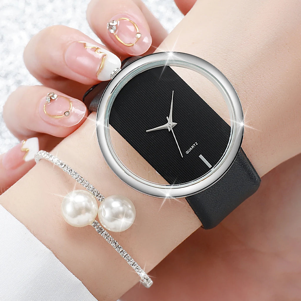2 Pçs/set Relógios Femininos Moda Hollow-out Dial Pulseira de Couro Relógios de Quartzo Conjunto de Pulseira de Pérola Qme black