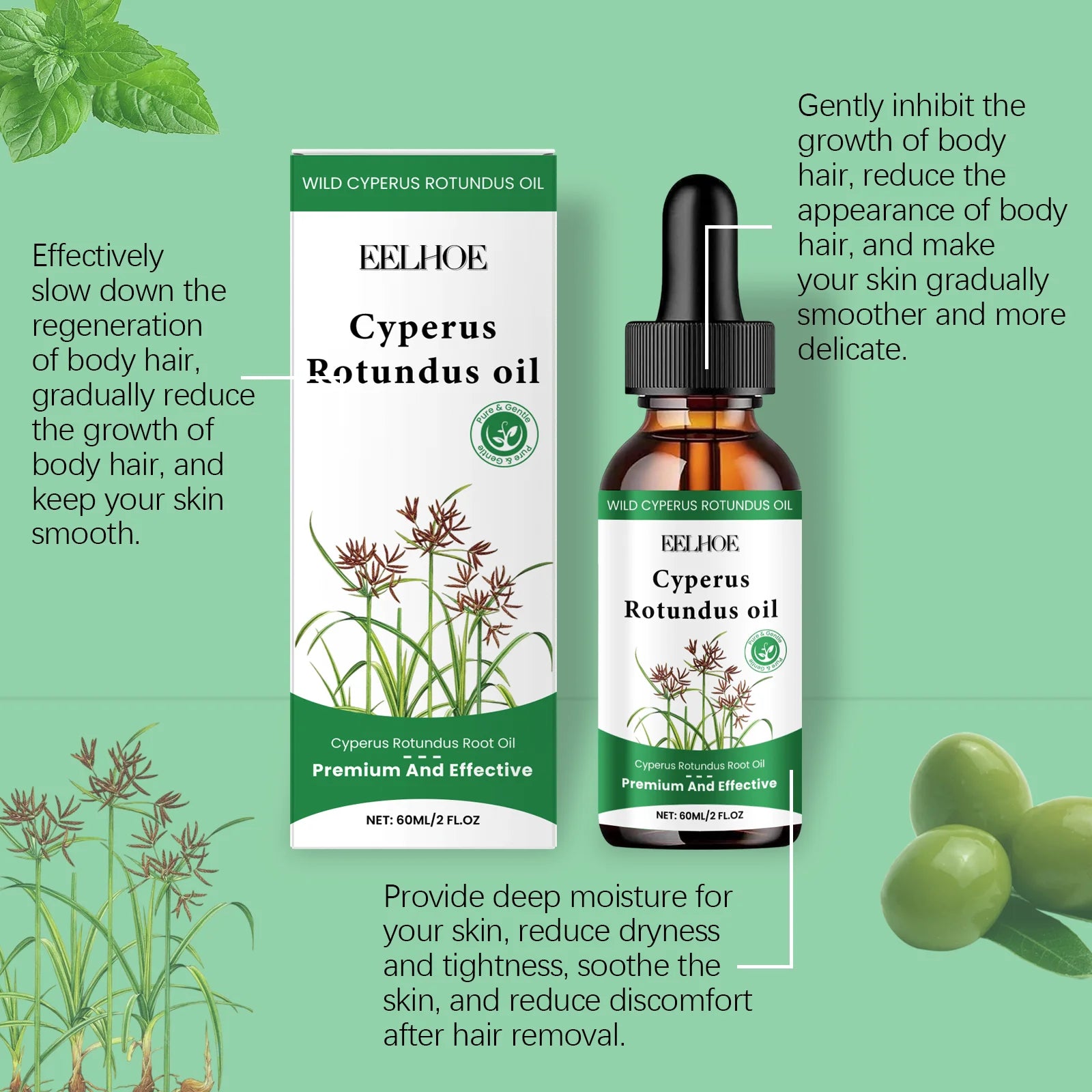 60ml Cyperus Rotundus Oil Gentle Hair Removal Care Oil Body Hair Inhibitor Serum Moisturizing Nourishing Natural Cypress Oil New Qme