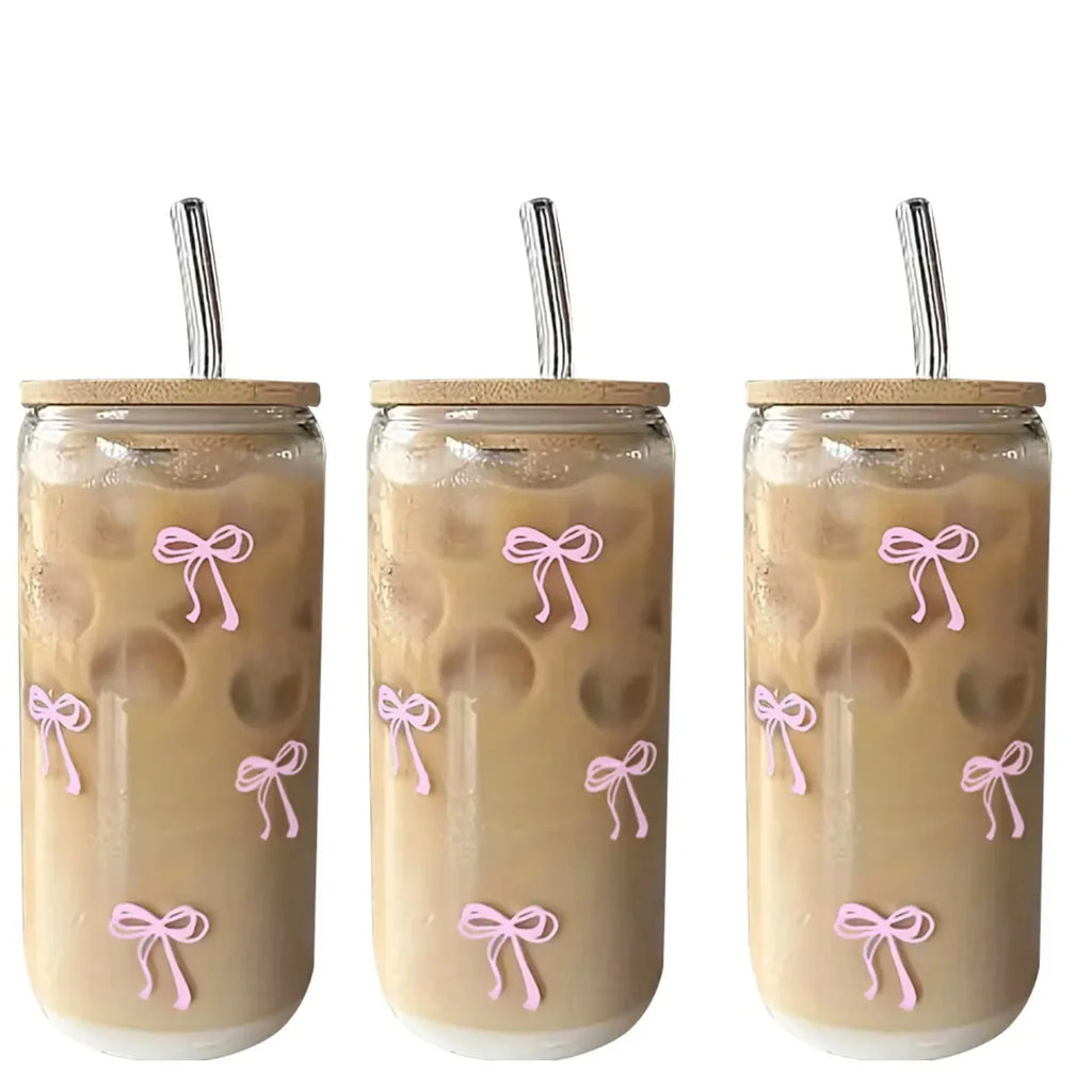 500ml Cute Bow Glass Cup Bow Bear Pattern Water Bottle Coffee Cups With Lids Straw Brush Valentine's Day Party Gift Qme