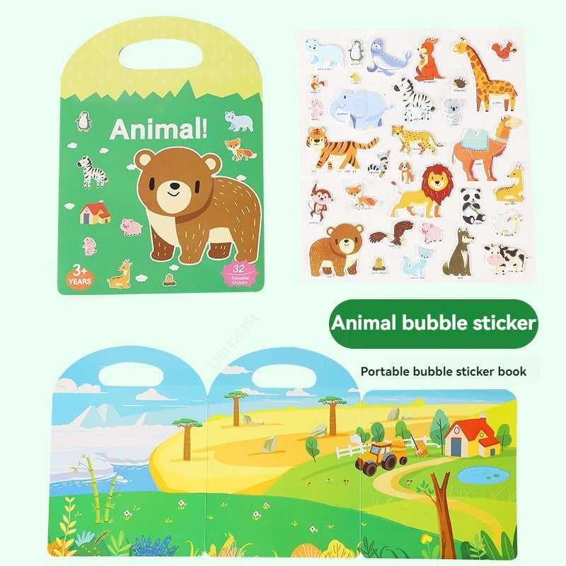 Reusable Sticker Book for Kids Vehicles Stickers Educational Learning Travel Stickers Activity Books for Toddler Girls Boy Qme Animal
